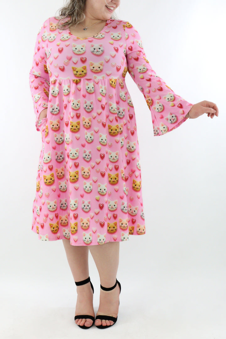 Cat Patch - Midi Length Dress - Bell Sleeve - Pockets