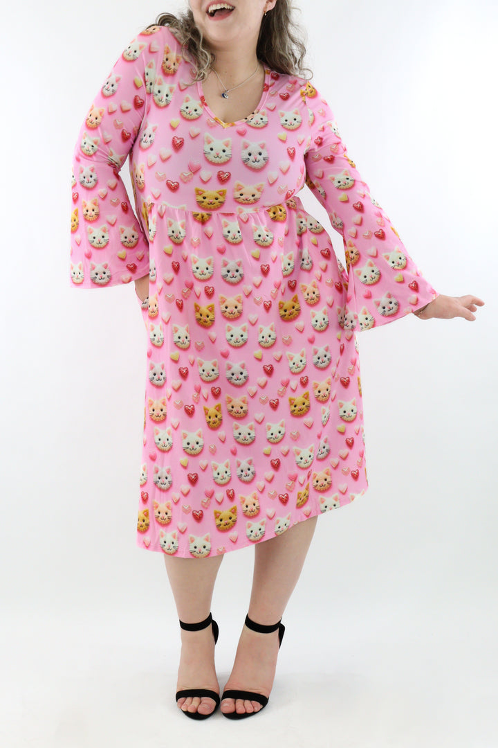 Cat Patch - Midi Length Dress - Bell Sleeve - Pockets