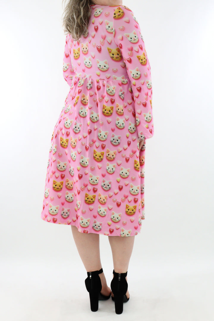 Cat Patch - Midi Length Dress - Bell Sleeve - Pockets