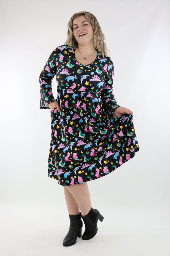 Space Dinosaurs - Midi Length Dress - Bell Sleeve - Pockets - Pawlie