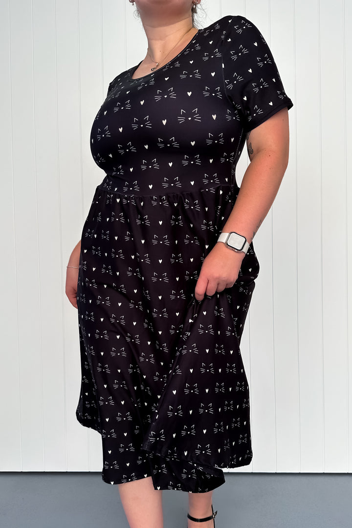 Nocturnal Whiskers - Midi Dress - Short Sleeve - Pockets