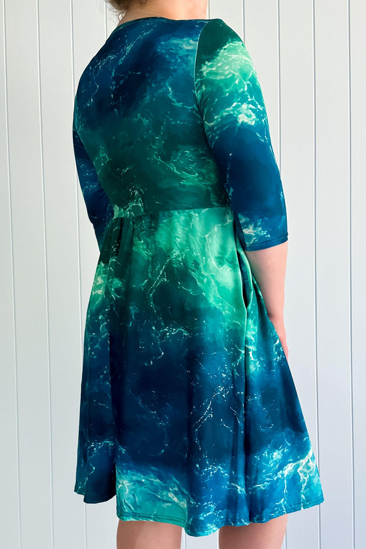 Powerful Ocean - 3/4 Sleeve Skater Dress - Knee Length - Pockets