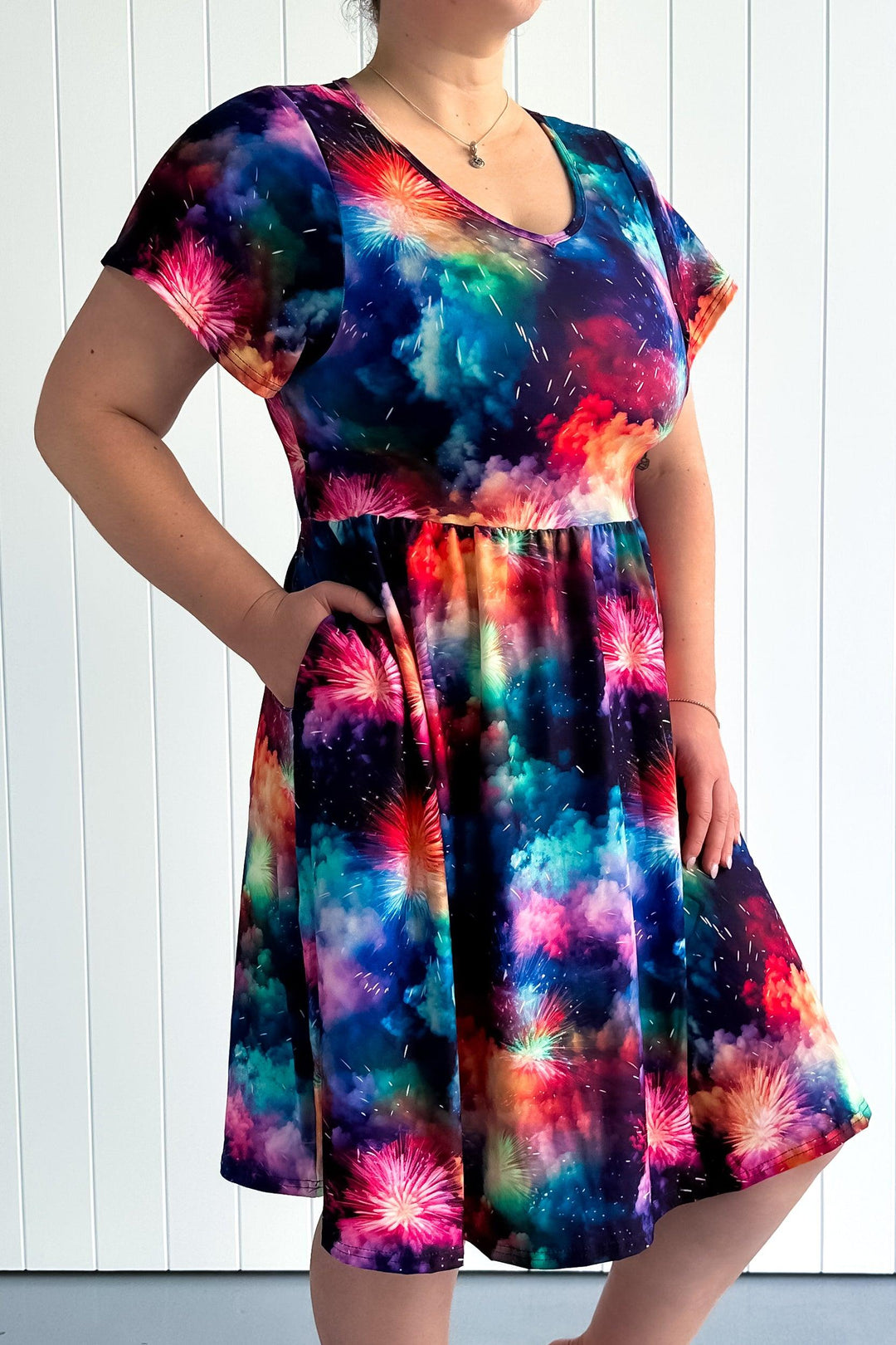 Colourful Fireworks - Flutter Sleeve Skater Dress - Knee Length - Pockets