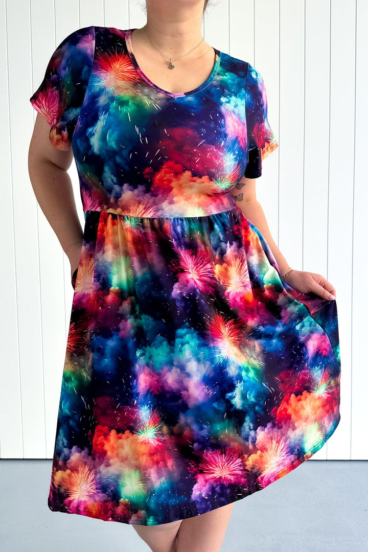 Colourful Fireworks - Flutter Sleeve Skater Dress - Knee Length - Pockets