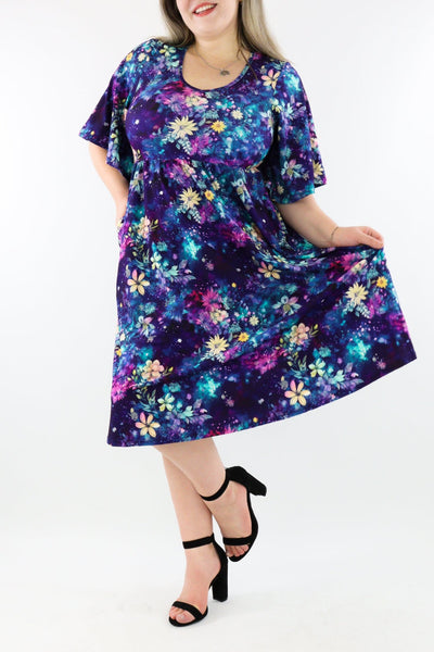 Galaxy Flowers - Midi Length Dress - Mid Sleeve - Pockets