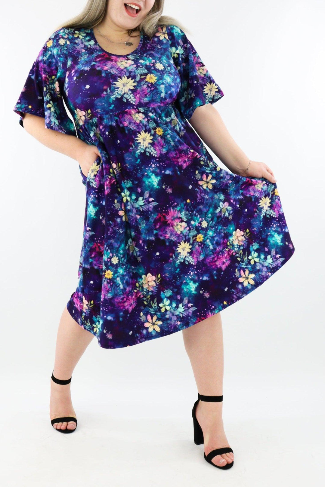 Galaxy Flowers - Midi Length Dress - Mid Sleeve - Pockets