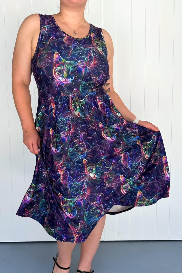 Holographic Kitty - Sleeveless Midi Dress - Pockets