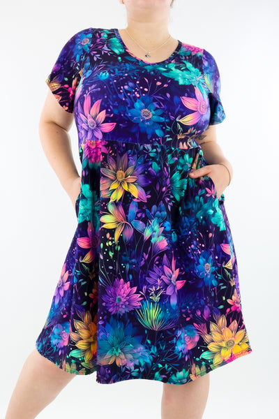 Scintillate Florals - Flutter Sleeve Skater Dress - Knee Length - Pockets