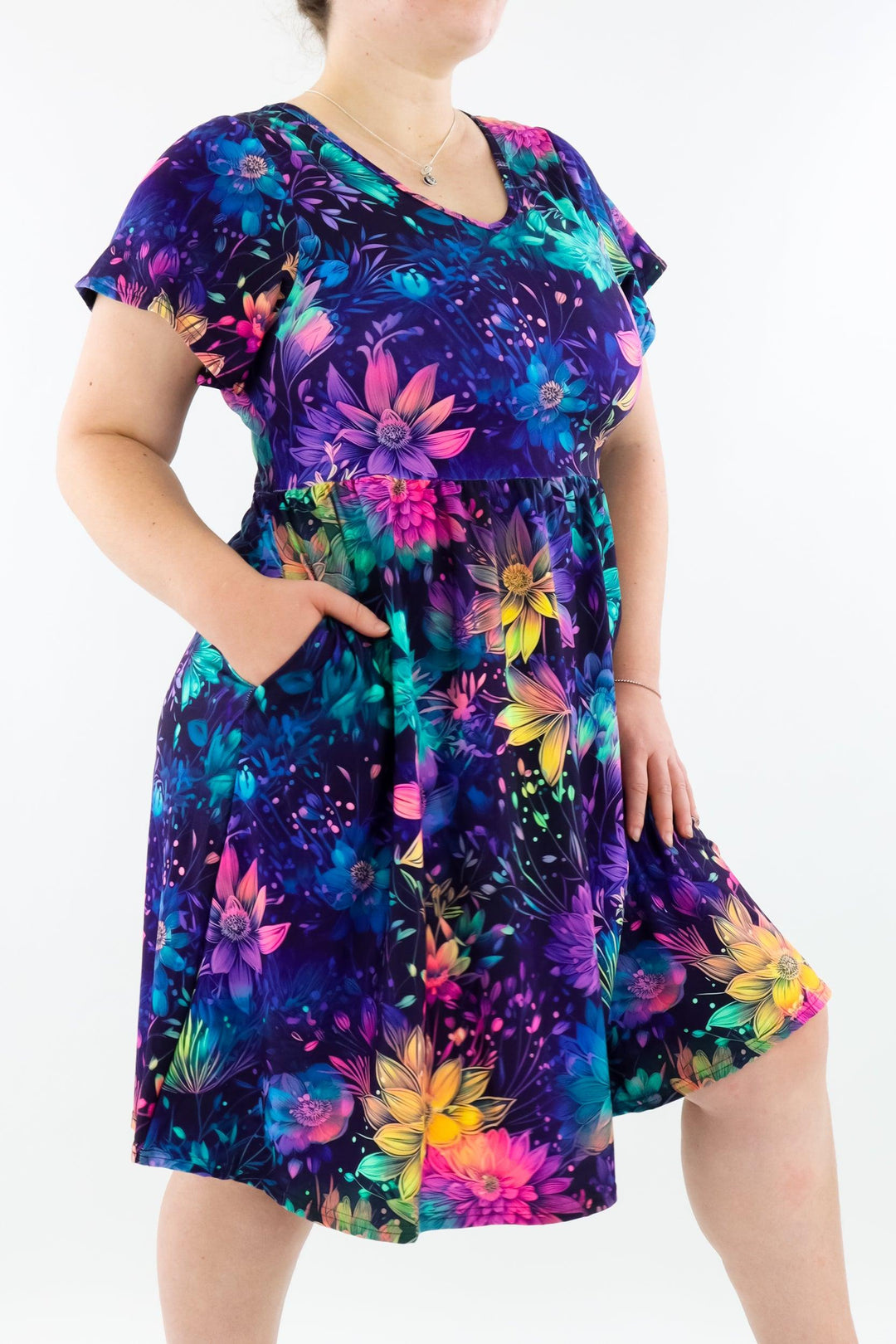 Scintillate Florals - Flutter Sleeve Skater Dress - Knee Length - Pockets