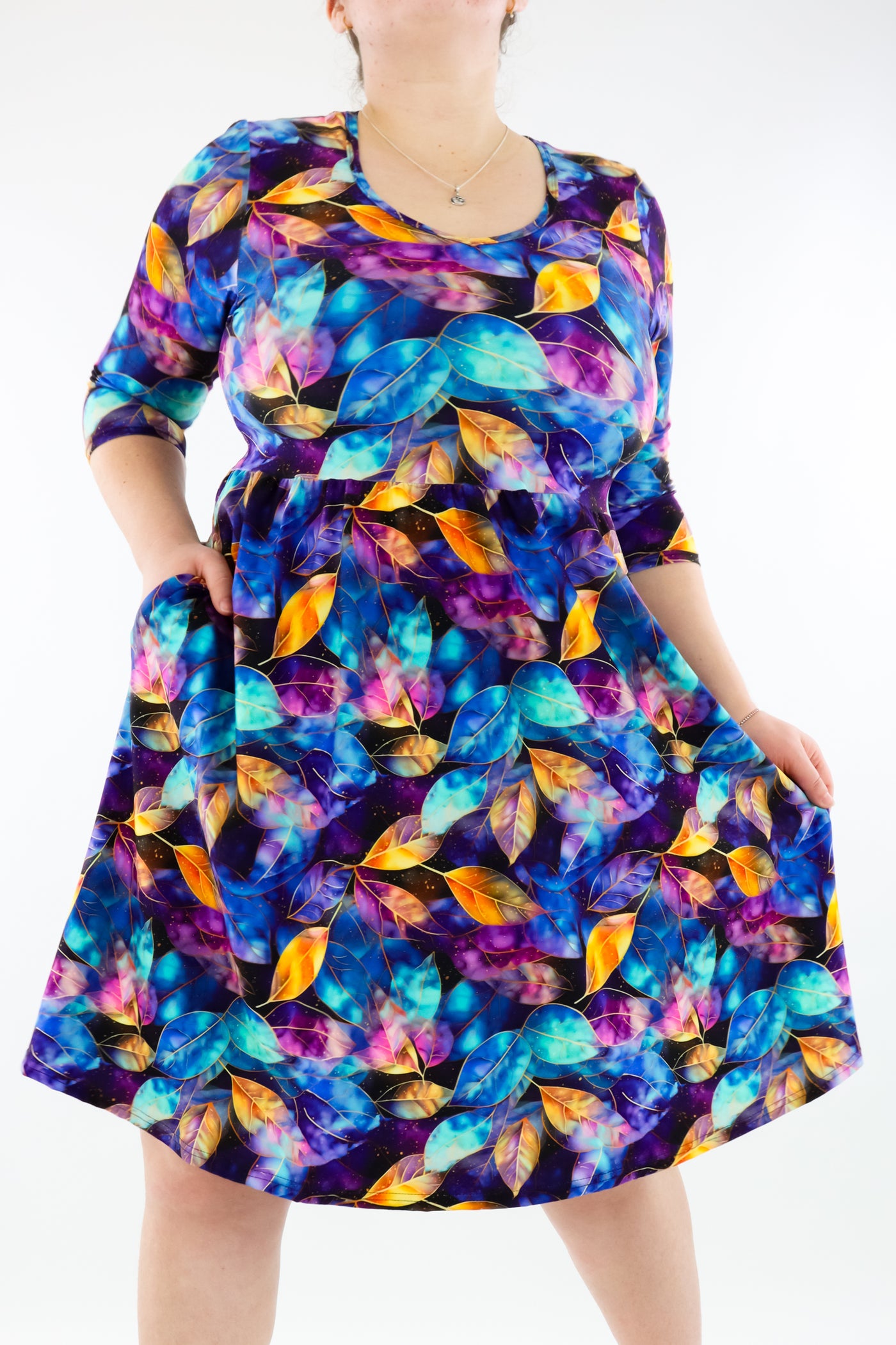 Autumn Galaxy - 3/4 Sleeve Skater Dress - Knee Length - Pockets