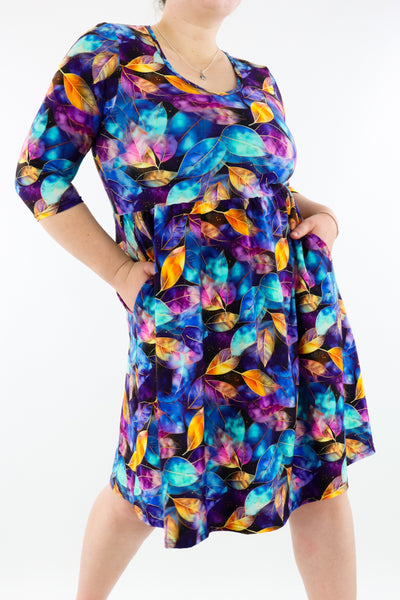 Autumn Galaxy - 3/4 Sleeve Skater Dress - Knee Length - Pockets