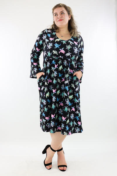 Majestic Turtles - Midi Length Dress - Bell Sleeve - Pockets