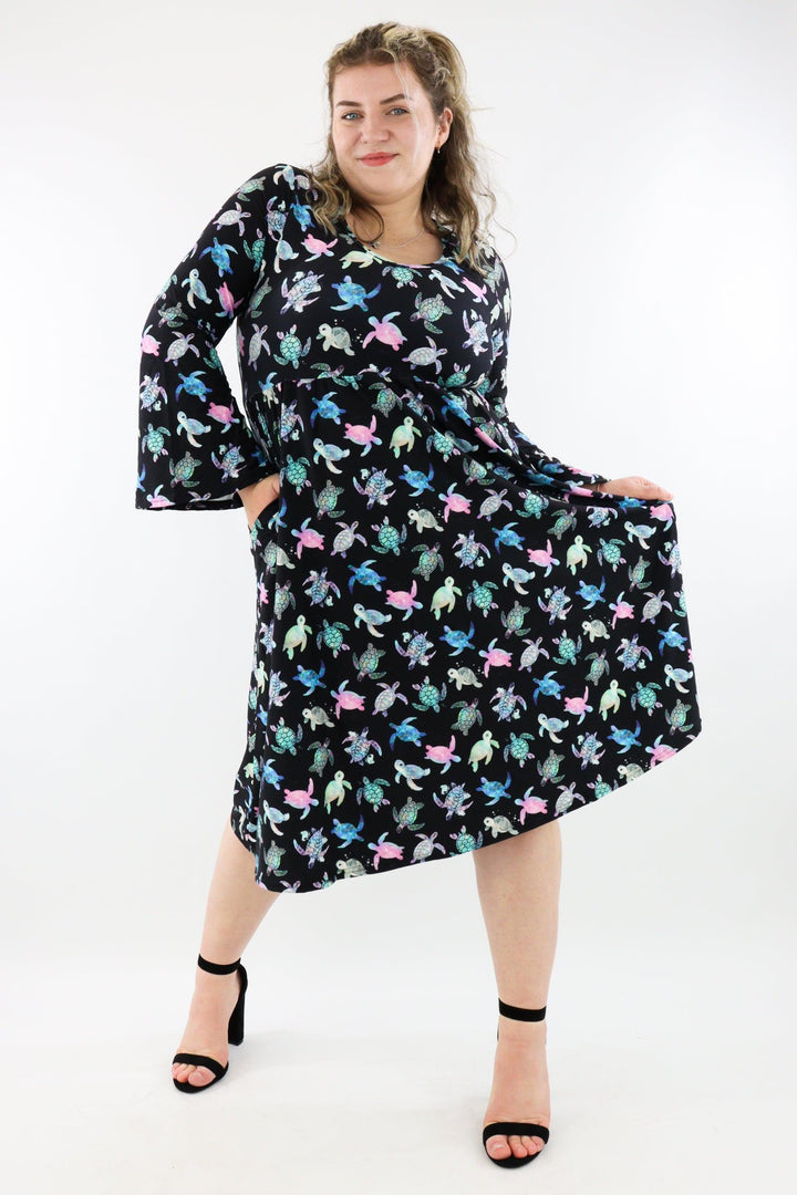 Majestic Turtles - Midi Length Dress - Bell Sleeve - Pockets