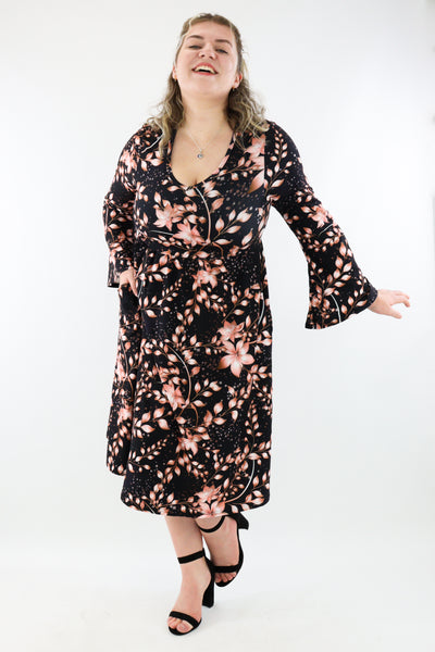 Rose Gold Oasis - Midi Length Dress - Bell Sleeve - Pockets