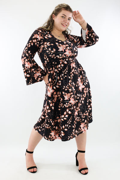 Rose Gold Oasis - Midi Length Dress - Bell Sleeve - Pockets