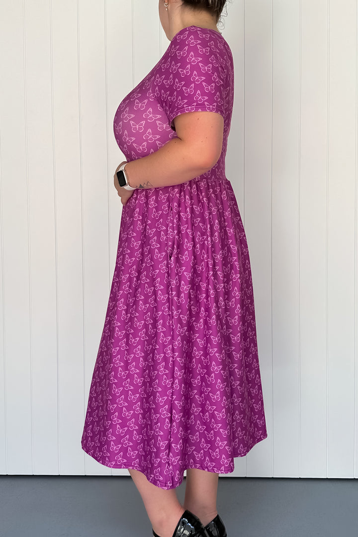 Rich Purple Butterflies - Midi Dress - Short Sleeve - Pockets