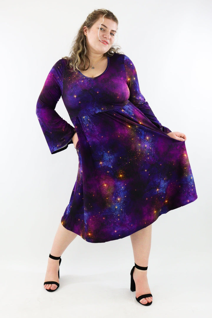 Galaxy Dust - Midi Length Dress - Bell Sleeve - Pockets