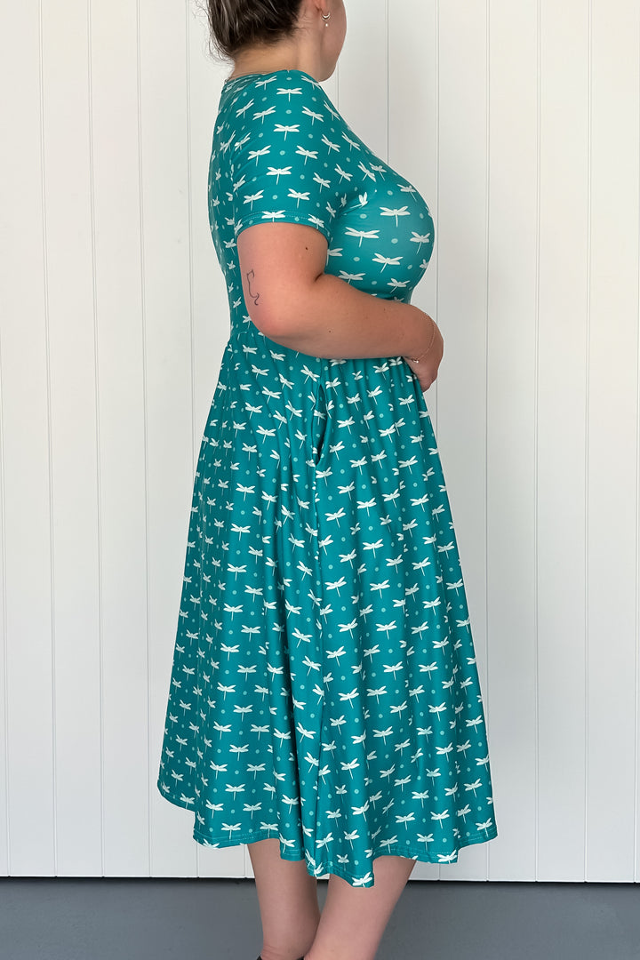 Teal Dragonfly - Midi Dress - Short Sleeve - Pockets