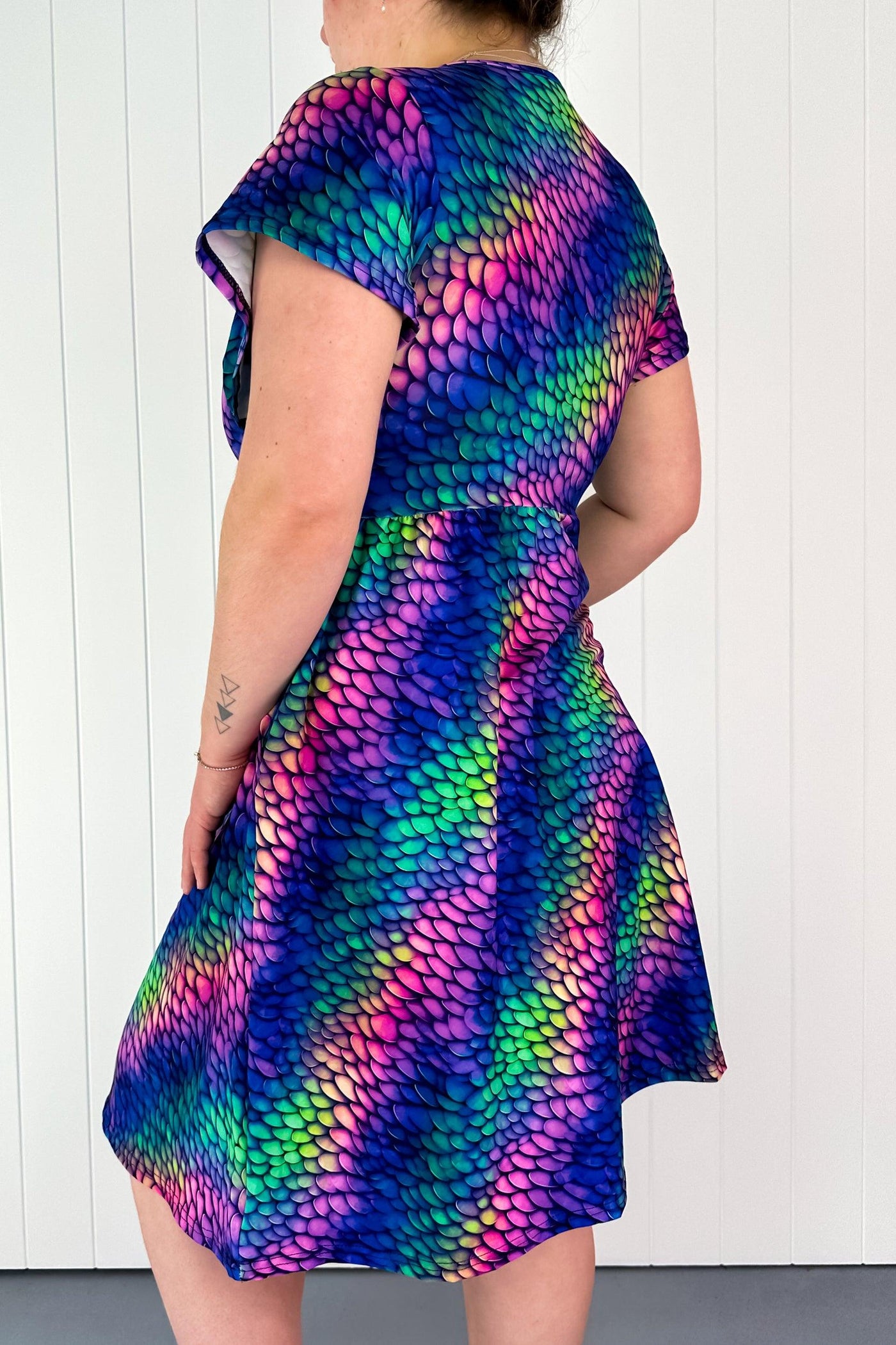 Rainbow Dragon - Flutter Sleeve Skater Dress - Knee Length - Pockets