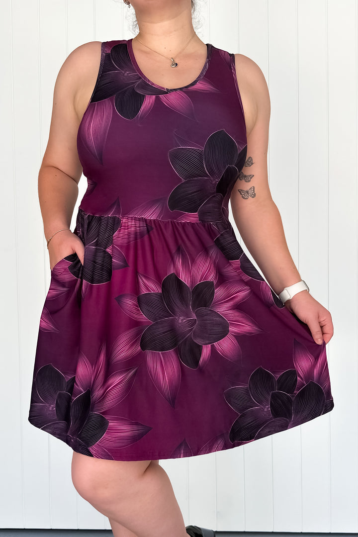 Burgundy Flower - Sleeveless Mini Dress - Pockets