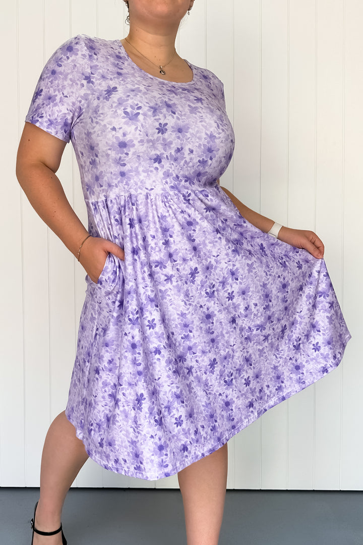 Purple Meadow Mist - Knee Length Dress - Short Sleeve - Pockets