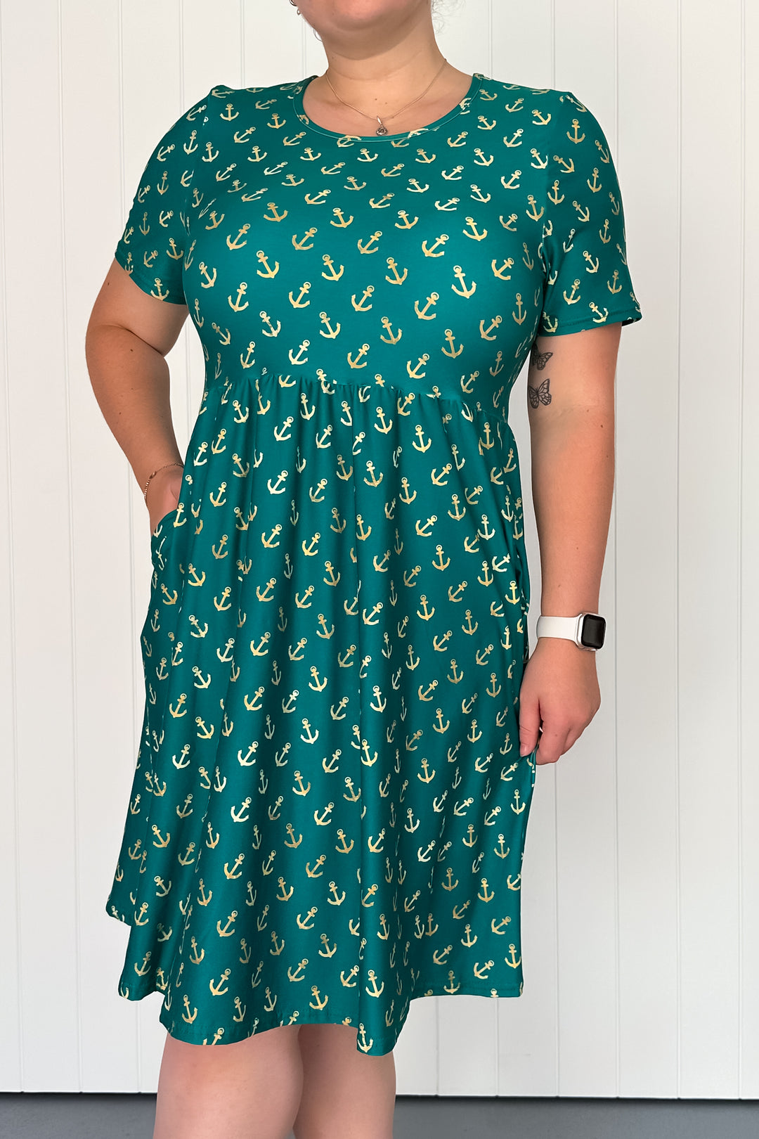 Teal & Gold Anchor Charm - Knee Length Dress - Short Sleeve - Pockets