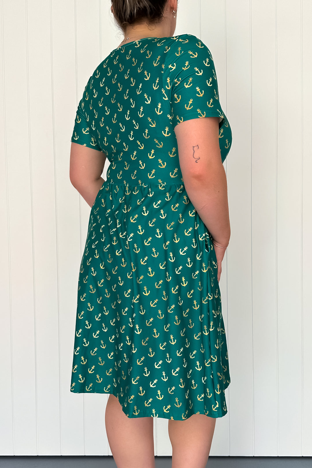 Teal & Gold Anchor Charm - Knee Length Dress - Short Sleeve - Pockets