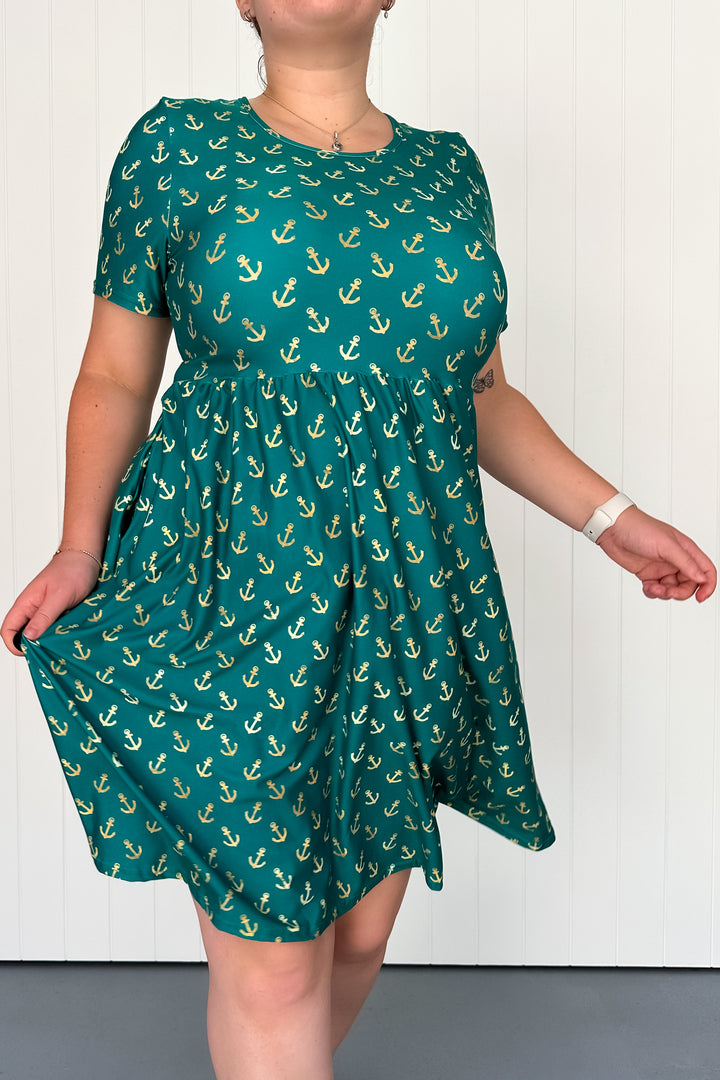 Teal & Gold Anchor Charm - Knee Length Dress - Short Sleeve - Pockets