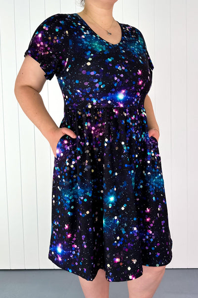 Sparkle Universe - Flutter Sleeve Skater Dress - Knee Length - Pockets