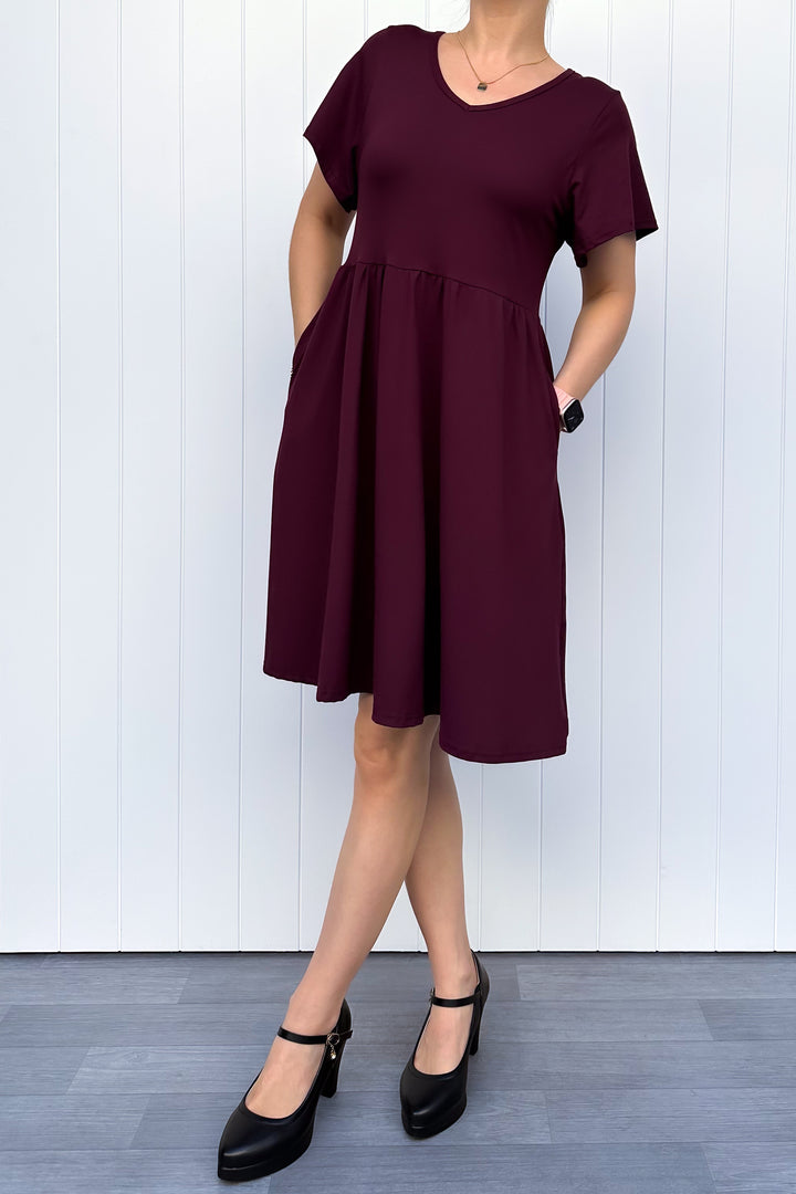 Plum - Knee Length Dress - Flutter Sleeve - Pockets