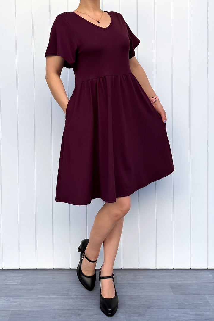 Plum - Knee Length Dress - Flutter Sleeve - Pockets