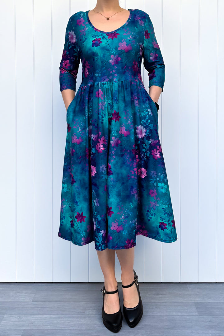 Ethereal Bloom - Midi Dress - 3/4 Sleeve - Pockets