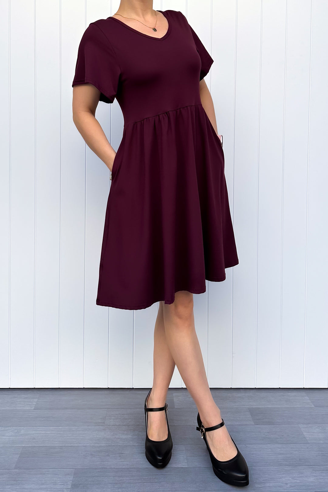 Plum - Knee Length Dress - Flutter Sleeve - Pockets