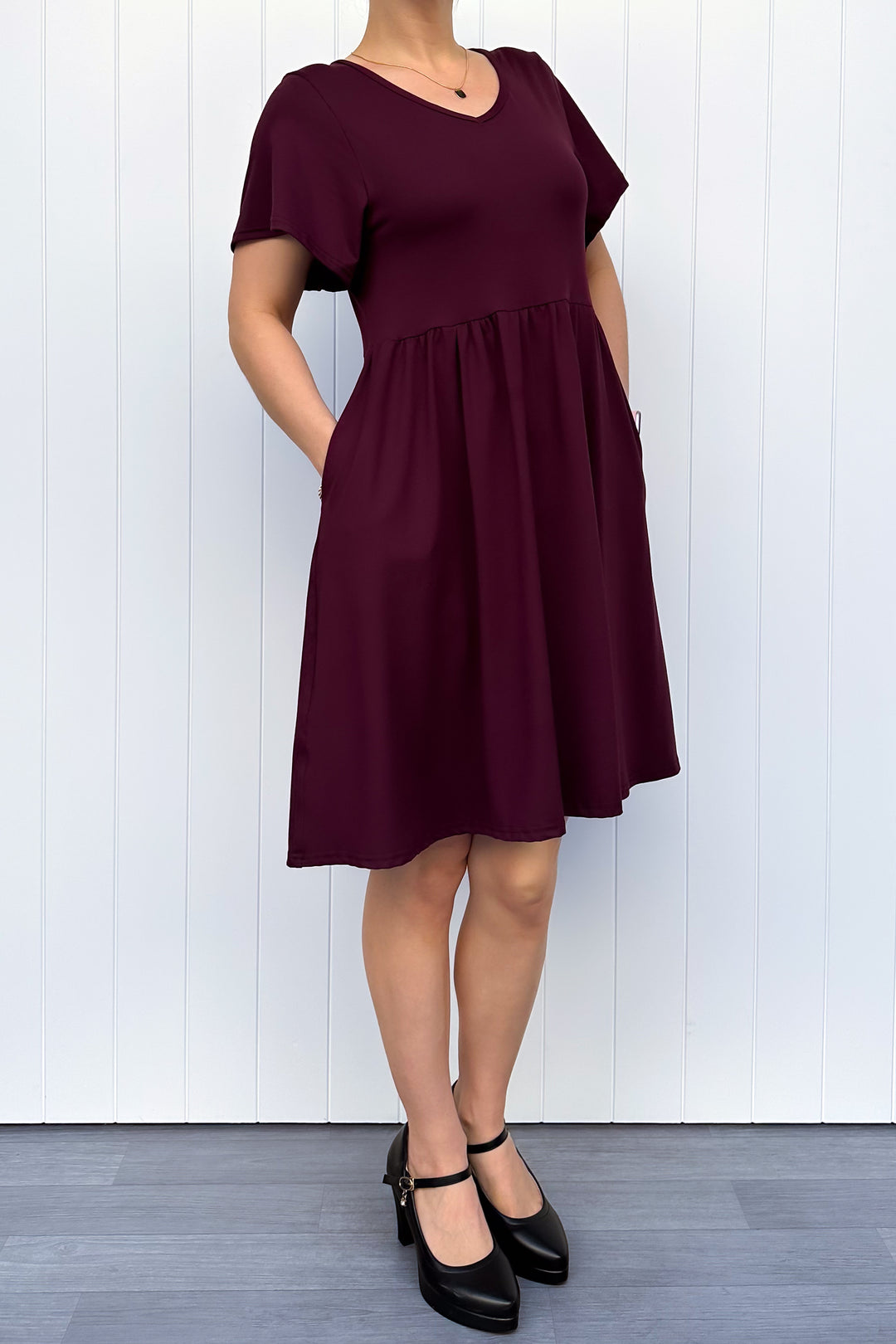 Plum - Knee Length Dress - Flutter Sleeve - Pockets