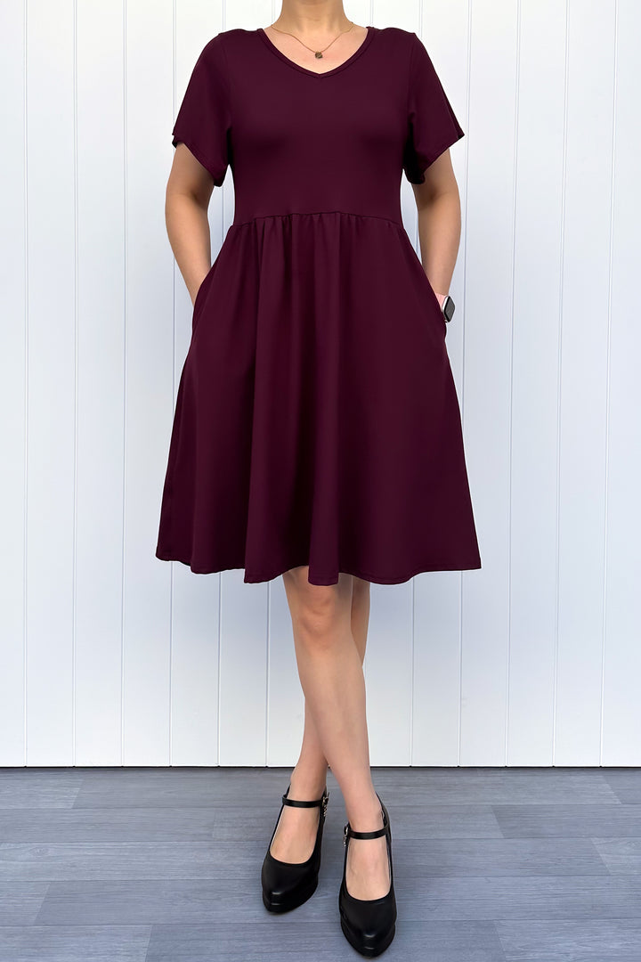 Plum - Knee Length Dress - Flutter Sleeve - Pockets