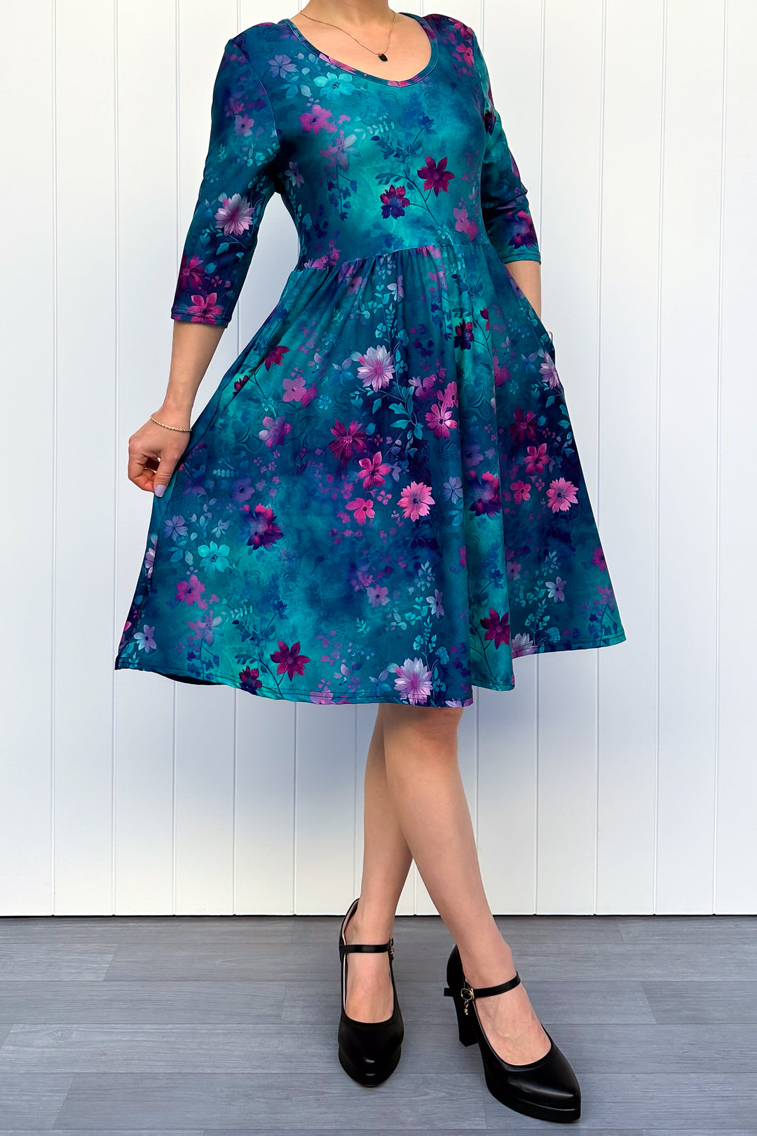 Ethereal Bloom - Knee Length Dress - 3/4 Sleeve - Pockets