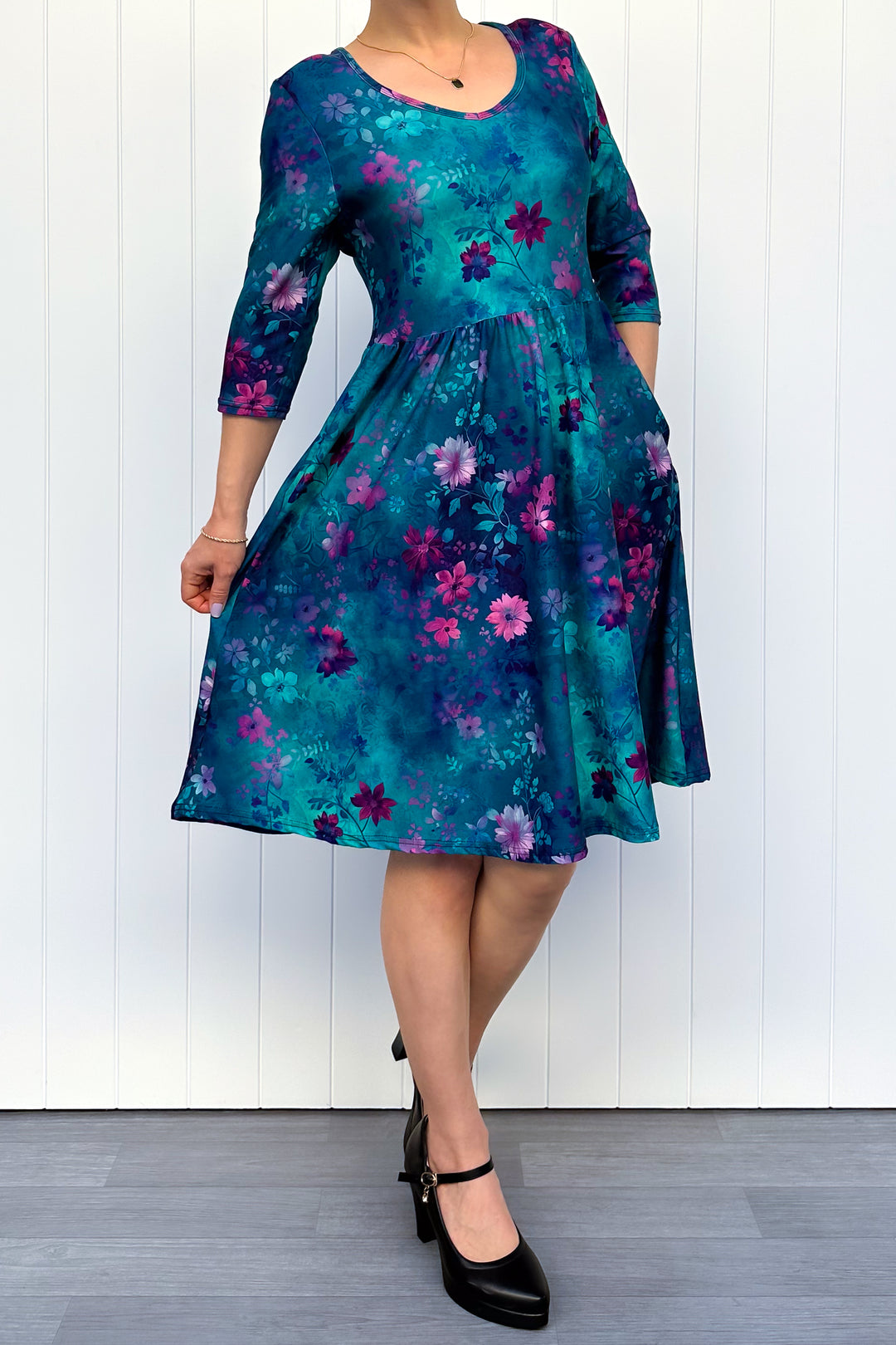 Ethereal Bloom - Knee Length Dress - 3/4 Sleeve - Pockets