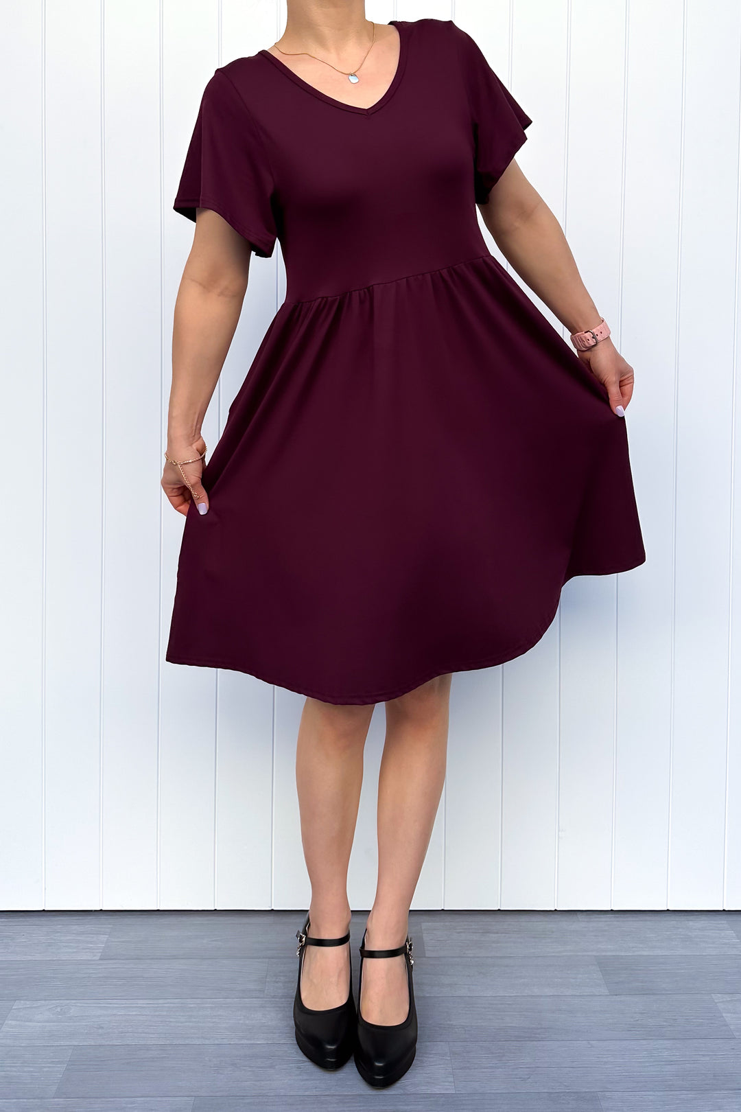 Plum - Knee Length Dress - Flutter Sleeve - Pockets