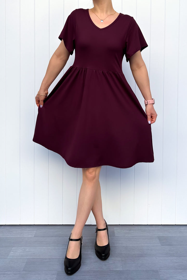 Plum - Knee Length Dress - Flutter Sleeve - Pockets