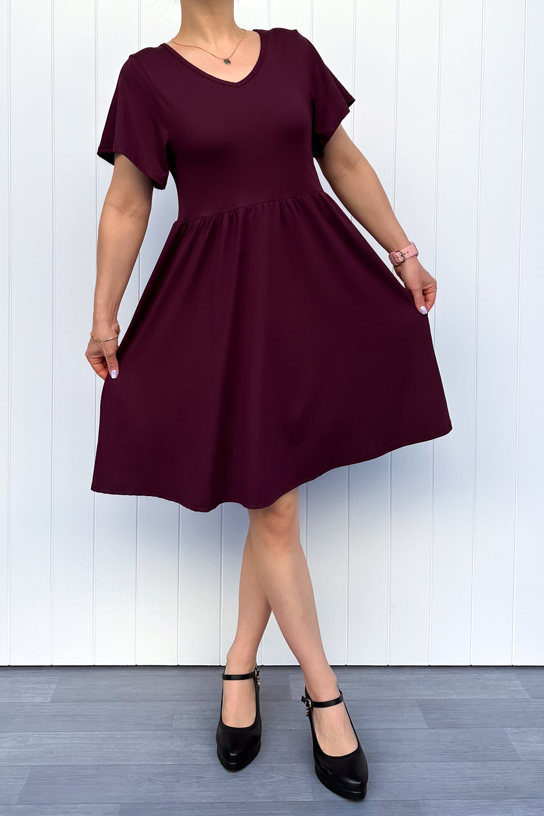 Plum - Knee Length Dress - Flutter Sleeve - Pockets