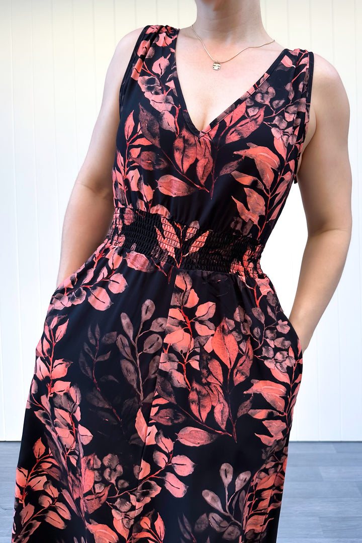 Azalea Maxi Dress - Vintage Watercolour Leaves - Pockets