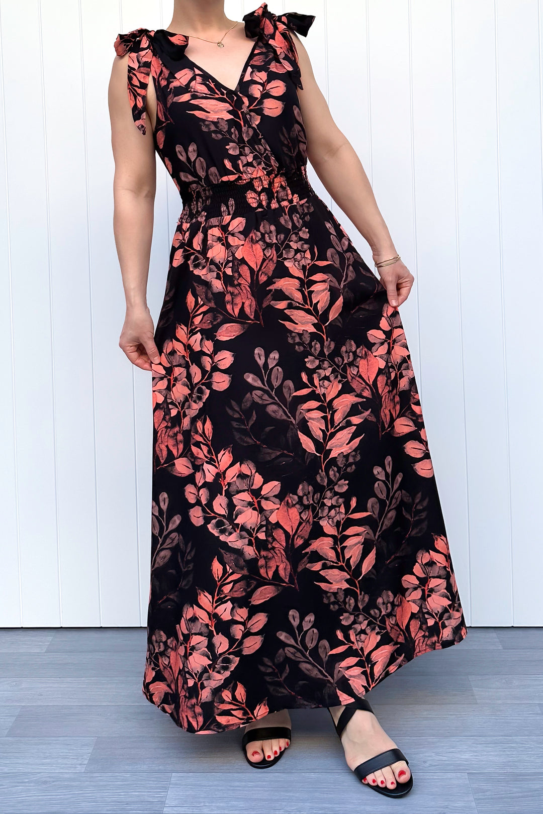 Azalea Maxi Dress - Vintage Watercolour Leaves - Pockets