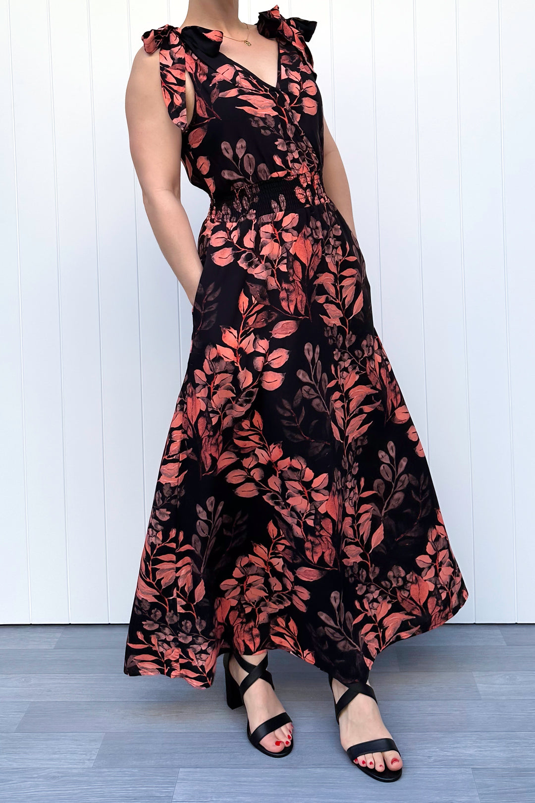 Azalea Maxi Dress - Vintage Watercolour Leaves - Pockets