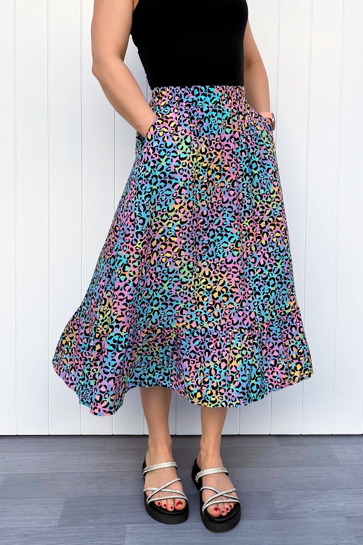 Zinnia Midi Skirt - Vivid Leopard - Pockets