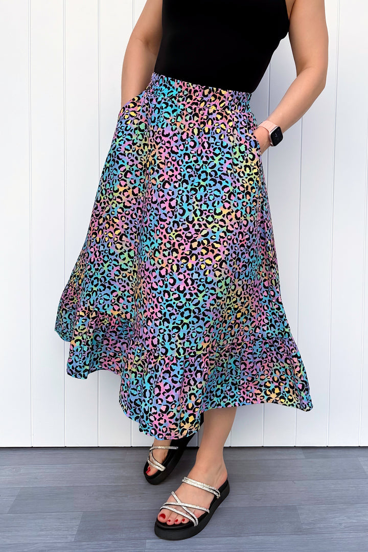 Zinnia Midi Skirt - Vivid Leopard - Pockets