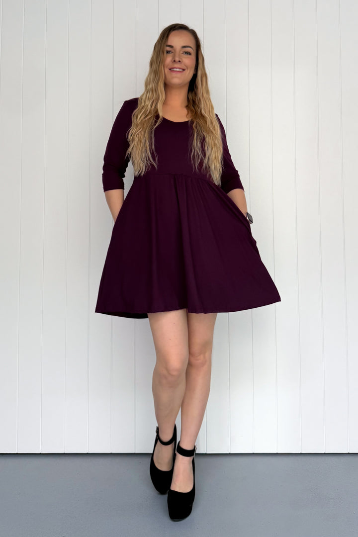 Plum - 3/4 Sleeve - Mini Dress - Pockets