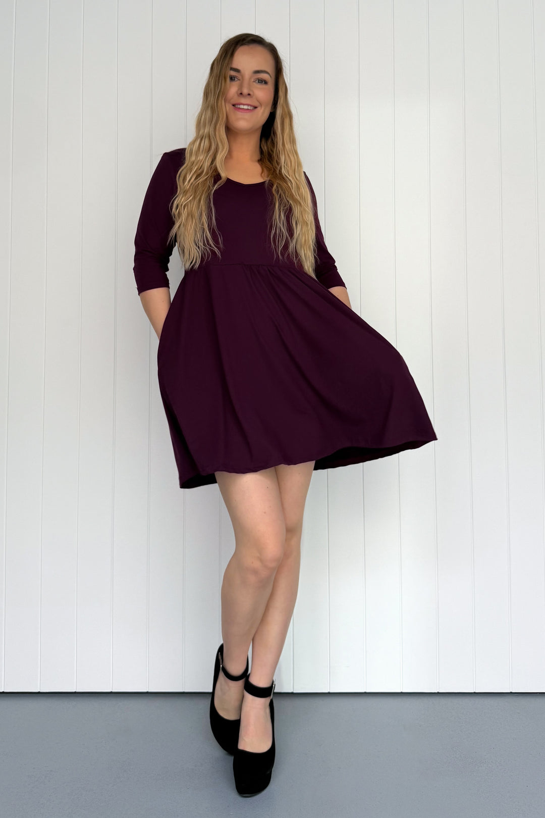Plum - 3/4 Sleeve - Mini Dress - Pockets