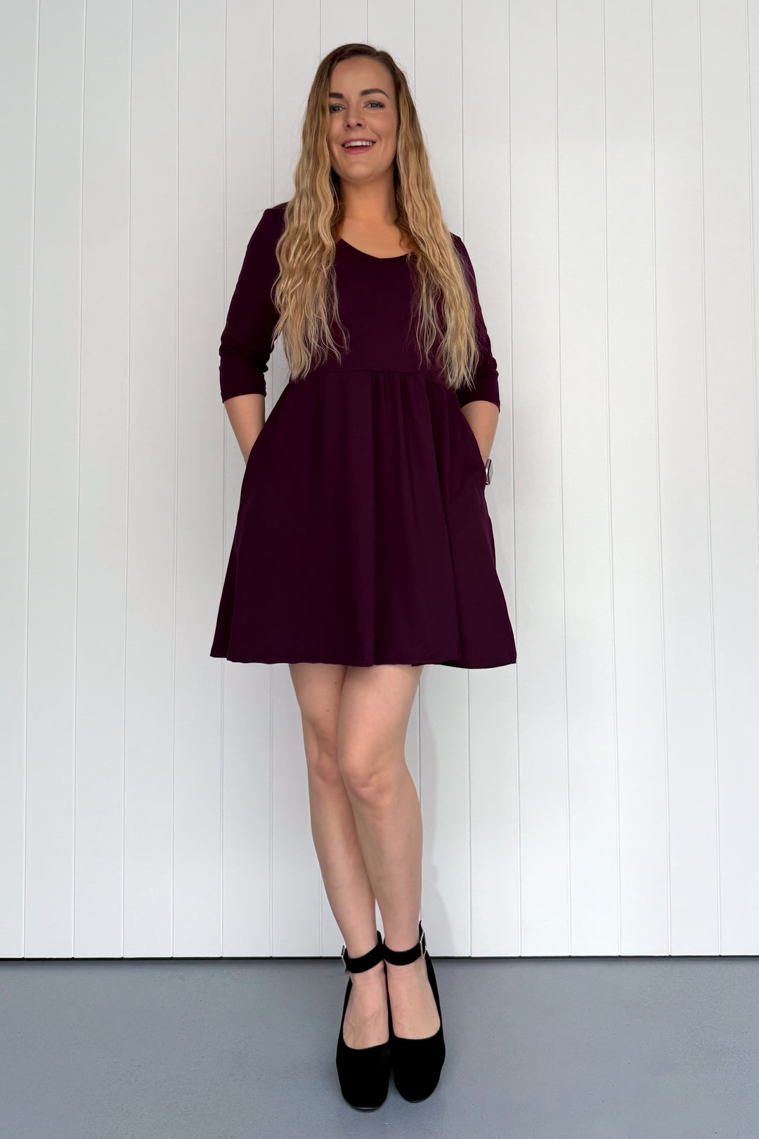 Plum - 3/4 Sleeve - Mini Dress - Pockets