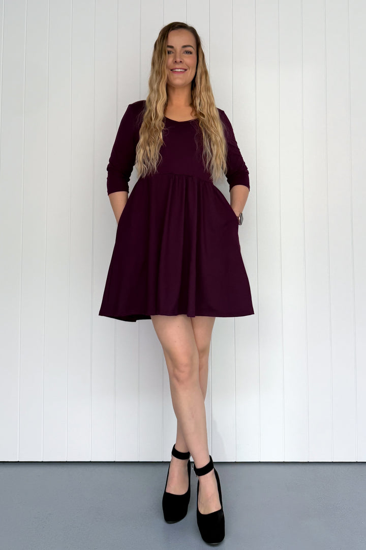 Plum - 3/4 Sleeve - Mini Dress - Pockets