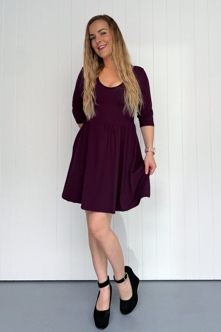 Plum - 3/4 Sleeve - Mini Dress - Pockets